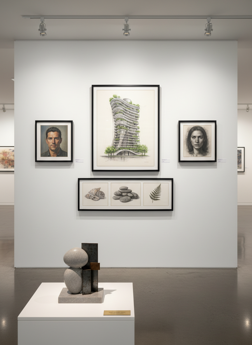 A bright, professional gallery-style space showcasing Eric Jensen’s finished artworks in photographic realism. On a pristine white wall, a harmonious arrangement of framed drawings, painted portraits, and a large architectural rendering is carefully spaced, each piece lit by adjustable track lights that cast crisp, controlled pools of light. On a low, minimalist plinth in the foreground, a finely detailed small sculpture in smooth stone and textured metal is displayed, its surfaces catching warm highlights. The polished concrete floor reflects subtle glows from the artworks, while shallow depth of field keeps the focus on the main wall. The atmosphere is refined, confident, and inviting, ideal for a creative services portfolio homepage hero image.