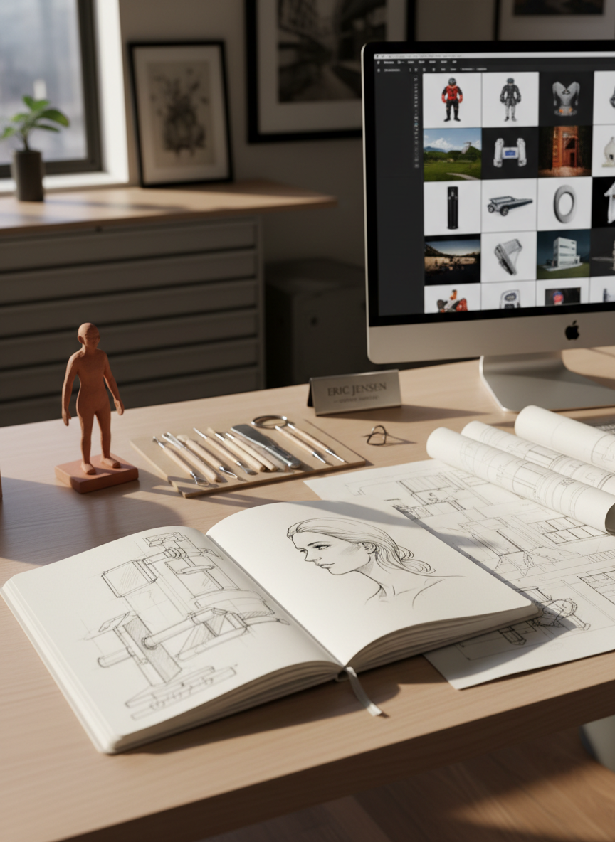 A sleek, well-organized creative studio desktop seen from a slightly elevated, eye-level angle in photographic realism. In the center rests an open sketchbook filled with precise graphite concept drawings and a clean inked portrait, surrounded by neatly arranged sculpting tools, a small clay maquette, and architectural tracing paper with sharp linework. A large display shows a minimalist portfolio grid of finished artworks. Soft afternoon window light from the left creates gentle highlights on pencil lines and subtle shadows across the desk, while the background fades into a tasteful bokeh of flat files and framed finished works. The mood is professional, focused, and polished, emphasizing Eric Jensen’s versatile creative services in a calm, modern environment.