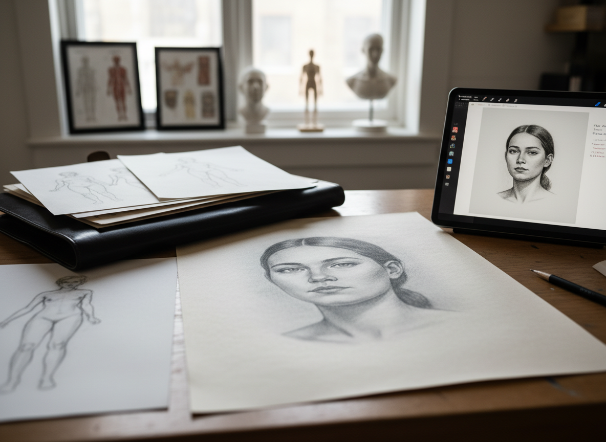 An elegant worktable dedicated to portrait and figure work, captured in photographic realism from a three-quarter, slightly elevated angle. At the center lies a large sheet of heavyweight paper holding a finished graphite and charcoal portrait, with subtle shading and crisp edges. To one side rests a portfolio case partially open, revealing additional finished drawings, while on the other side a tablet displays a digital mockup of the same portrait for client review. Soft north-facing window light spills across the desk, creating delicate gradients over the paper and a calm, even tone. A shallow depth of field isolates the portrait and tools, while in the blurred background, framed teaching diagrams and small reference sculptures hint at structured, adaptive art instruction. The mood is professional, precise, and client-ready.
