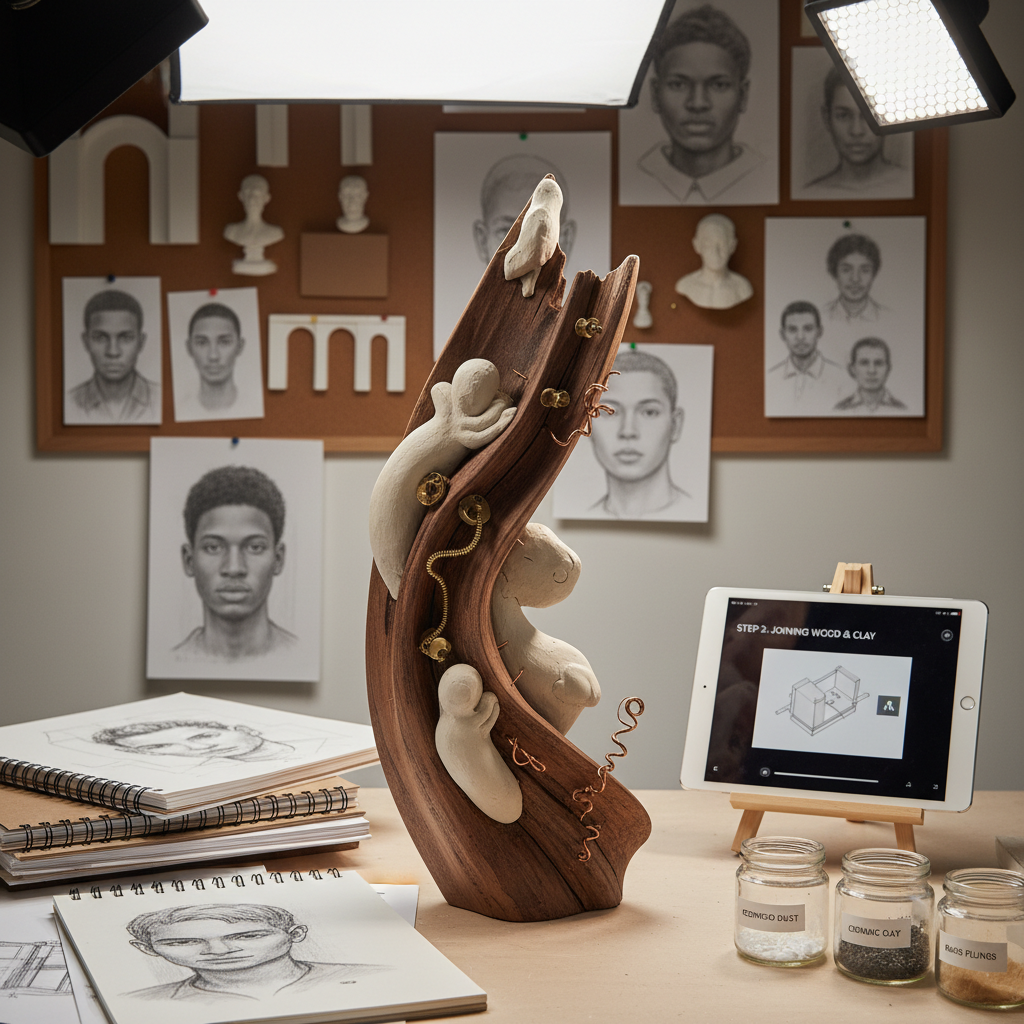 A close-up, eye-level photographic view of a meticulously crafted tabletop sculpture in progress, surrounded by evidence of adaptive teaching and creative process. The central sculpture combines carved wood, smooth clay, and embedded metal elements, all rendered with sharp, tactile detail. Nearby lie neatly organized reference drawings, a propped-up tablet showing a step-by-step demonstration, and small labeled material samples. Soft, diffused studio lighting from overhead and one side creates even illumination with gentle, directional shadows that emphasize form. The background shows a slightly blurred pinboard filled with miniature architectural details and portrait sketches. The mood is engaged and exploratory, highlighting Eric Jensen’s ability to guide others through complex sculptural work while presenting professional-level craftsmanship.