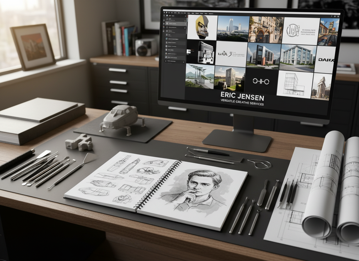 A sleek, well-organized creative studio desktop seen from a slightly elevated, eye-level angle in photographic realism. In the center rests an open sketchbook filled with precise graphite concept drawings and a clean inked portrait, surrounded by neatly arranged sculpting tools, a small clay maquette, and architectural tracing paper with sharp linework. A large display shows a minimalist portfolio grid of finished artworks. Soft afternoon window light from the left creates gentle highlights on pencil lines and subtle shadows across the desk, while the background fades into a tasteful bokeh of flat files and framed finished works. The mood is professional, focused, and polished, emphasizing Eric Jensen’s versatile creative services in a calm, modern environment.
