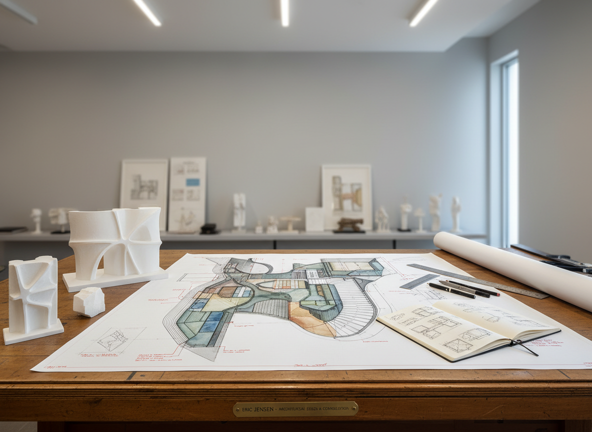 A refined architectural and design-focused composition in photographic realism, showing a large drafting table against a neutral wall. On the table, a detailed architectural drawing of a sculptural facade and custom interior elements is laid out, with crisp linework, subtle color washes, and annotations. Beside it, a small 3D-printed model and a hand-built foam-core study maquette echo the drawing’s forms, along with a metal ruler, mechanical pencils, and a thin sketchbook of preliminary studies. Overhead, clean, bright studio lighting casts minimal shadows for clarity, while a side window adds a soft natural glow. In the background, a shelf displays finished small sculptures and framed elevation studies, slightly out of focus. The scene feels analytical yet creative, underscoring Eric Jensen’s capacity for architectural detail work and consultation services.