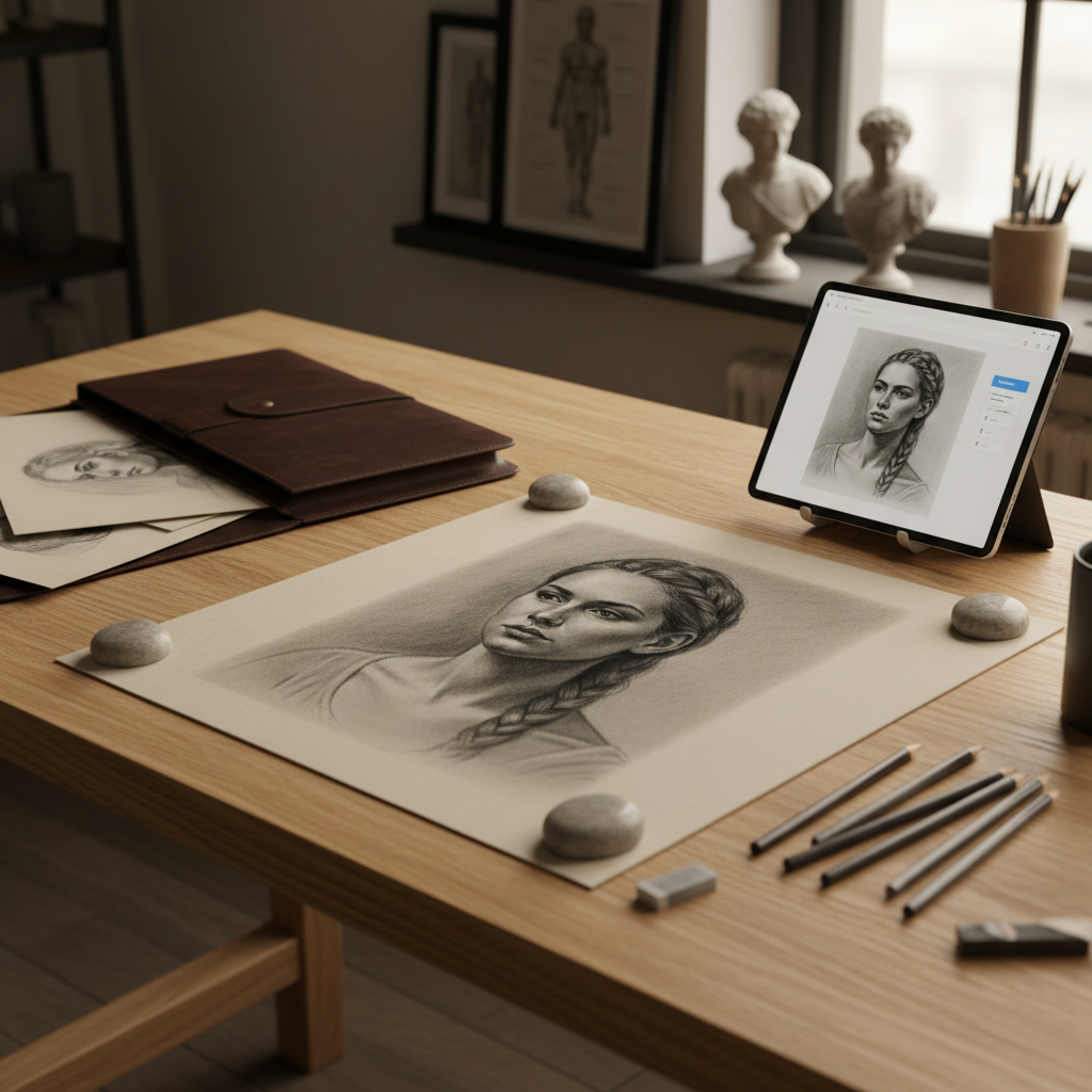 An elegant worktable dedicated to portrait and figure work, captured in photographic realism from a three-quarter, slightly elevated angle. At the center lies a large sheet of heavyweight paper holding a finished graphite and charcoal portrait, with subtle shading and crisp edges. To one side rests a portfolio case partially open, revealing additional finished drawings, while on the other side a tablet displays a digital mockup of the same portrait for client review. Soft north-facing window light spills across the desk, creating delicate gradients over the paper and a calm, even tone. A shallow depth of field isolates the portrait and tools, while in the blurred background, framed teaching diagrams and small reference sculptures hint at structured, adaptive art instruction. The mood is professional, precise, and client-ready.