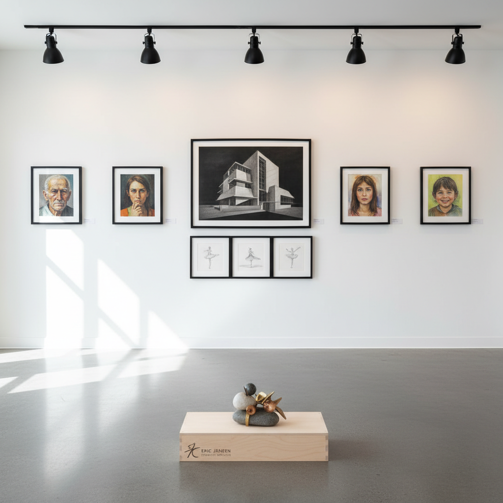 A bright, professional gallery-style space showcasing Eric Jensen’s finished artworks in photographic realism. On a pristine white wall, a harmonious arrangement of framed drawings, painted portraits, and a large architectural rendering is carefully spaced, each piece lit by adjustable track lights that cast crisp, controlled pools of light. On a low, minimalist plinth in the foreground, a finely detailed small sculpture in smooth stone and textured metal is displayed, its surfaces catching warm highlights. The polished concrete floor reflects subtle glows from the artworks, while shallow depth of field keeps the focus on the main wall. The atmosphere is refined, confident, and inviting, ideal for a creative services portfolio homepage hero image.