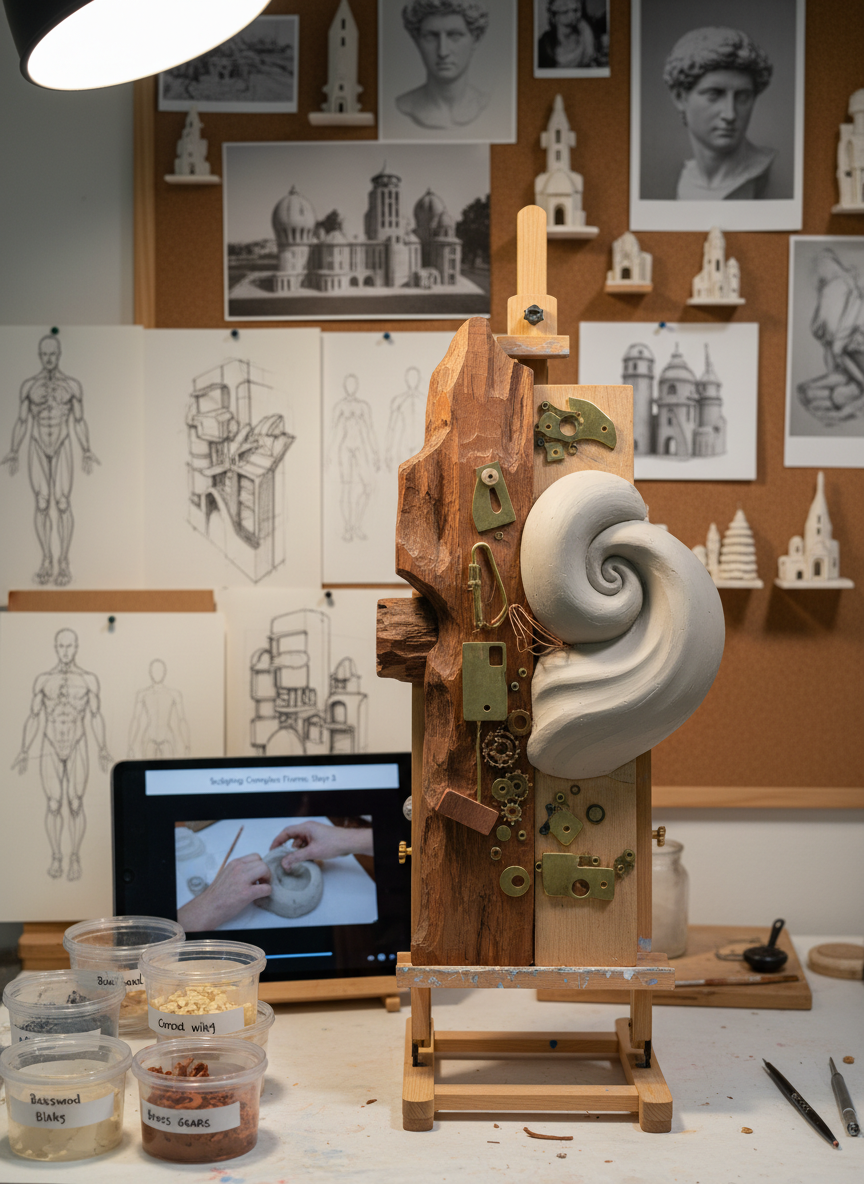 A close-up, eye-level photographic view of a meticulously crafted tabletop sculpture in progress, surrounded by evidence of adaptive teaching and creative process. The central sculpture combines carved wood, smooth clay, and embedded metal elements, all rendered with sharp, tactile detail. Nearby lie neatly organized reference drawings, a propped-up tablet showing a step-by-step demonstration, and small labeled material samples. Soft, diffused studio lighting from overhead and one side creates even illumination with gentle, directional shadows that emphasize form. The background shows a slightly blurred pinboard filled with miniature architectural details and portrait sketches. The mood is engaged and exploratory, highlighting Eric Jensen’s ability to guide others through complex sculptural work while presenting professional-level craftsmanship.