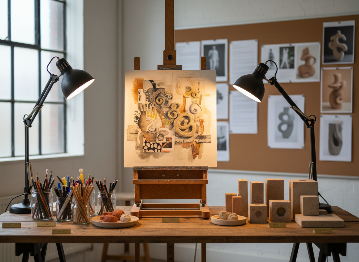 A sophisticated teaching studio corner in photographic realism, designed to communicate adaptive instruction and creative services. A sturdy easel holds a finished mixed-media work combining drawing, subtle collage, and sculptural relief elements. In front, a wide table supports labeled sets of drawing tools, clay samples, and modular sculpting blocks, each arranged so their textures and colors are clearly visible. Two adjustable task lamps provide focused, warm light on the easel piece, while cool, indirect daylight from a high window softens the rest of the room. A large pinboard behind shows organized lesson sequences, printed examples of progressive drawings, and photos of completed sculptures, all slightly blurred to avoid readable text. Shot at eye level with moderate depth of field, the mood is encouraging, structured, and highly professional, ideal for a page describing workshops and mentorship.